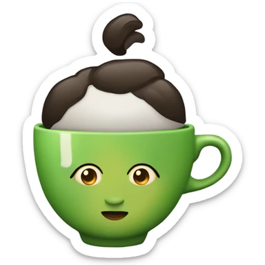 Chica con cabello corto y negro, con ojos grandes y verdes, y una taza de café en las manos. sticker