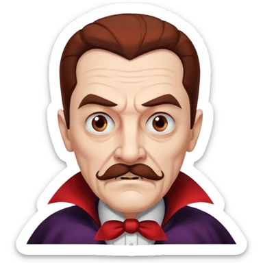 An elderly man with slicked-back reddish-brown hair, sharp brown eyes under heavy brows, and a white mustache, giving him a stern, Dracula-like appearance.  sticker