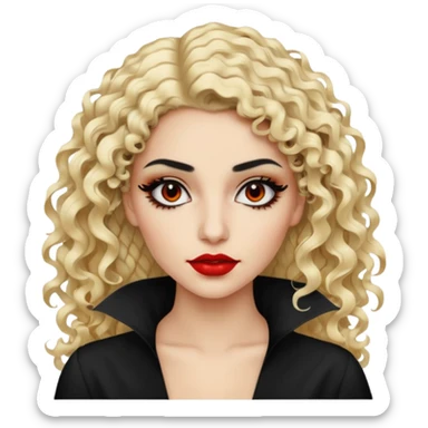 Pale Saudi beauty, pretty baddie, black eyeliner red lipstick, split dye leftside blonde rightside black curly hair sticker