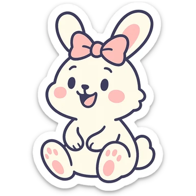 cutesy white bunny rabbit with a pink bow, sitting and smiling, pastel toon style sticker