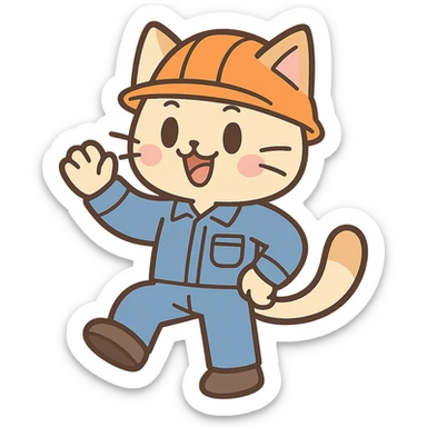 anime style cat worker wearing an orange helmet sticker