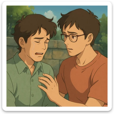two men, gay couple, breaking up, emotional scene, in ghibli style sticker