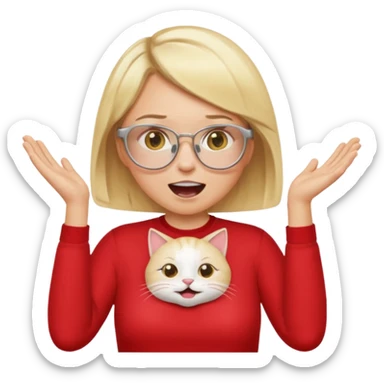 emoji style, waist-up woman with light skin, blonde bob hair, white cat-eye glasses, red shirt, both hands cupped around her mouth, shouting with joy on simple light background sticker