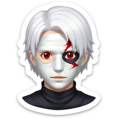 Tokyo ghoul character with white hair, mask on face, red eye, dark atmosphere sticker