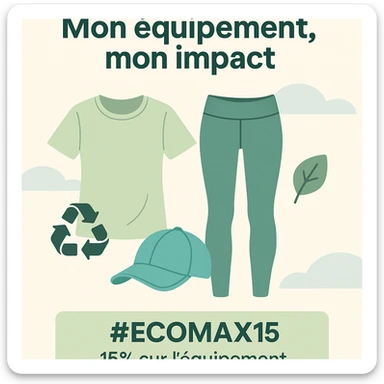 Decathlon app screen, modern style, header with 'Mon équipement, mon impact', stylized illustrations of sustainable sports clothing, eco-responsible pictograms (recycling, leaves), promo banner #Ecomax15, soft green, beige, white, light blue palette, vertical format, sporty and responsible atmosphere sticker