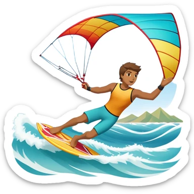 A kite surfer soaring above the waves, holding onto a kite with the wind in full force. The background showcases the ocean and sky, emphasizing the freedom, thrill, and energy of the sport. The motion of the kite and board is dynamic, capturing the excitement of kiting. sticker