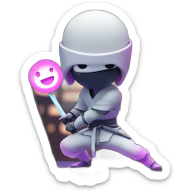 an ninja infront of an LED Sign in Tokio with a Laptop in his hand sticker