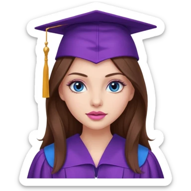 girl with gorgeous long brown hair, blue eyes, long lashes makeup, sexy pink lips, wearing a purple graduation cap and gown sticker