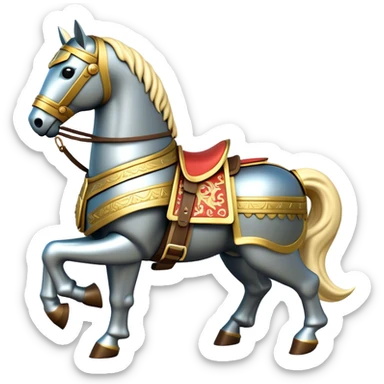 Clash of Clans aesthetic: Cinematic Playful Armored Horse Emoji, rendered in a 3D vector-style similar to standard emojis with minimal shading and bold, simplified shapes. A compact, isometric warhorse outfitted in intricately detailed armor with noble accents, softly glowing with a gallant medieval carriage charm. Simplified yet unmistakably iconic, highly detailed and consistent, glowing with a soft radiant shine and high polish. Stylized with a touch of heroic elegance and a soft glowing outline, capturing the essence of a noble steed ready for battle with a friendly, playful air! sticker