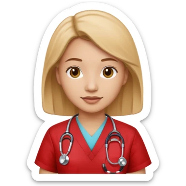 Medical assistant wearing redish scrubs with sethscope  sticker