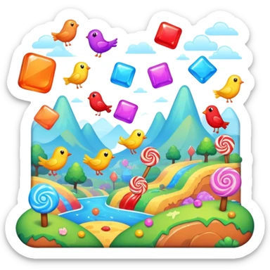 An icon representing a casual game, inspired by titles like Candy Crush. The design features colorful puzzle pieces, bouncing birds, and characters running through dynamic landscapes. Vibrant HUD elements like scores and power-ups highlight the playful. Transparent background sticker