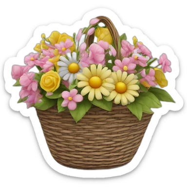 basket of artificial flowers with black ribbon sticker
