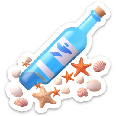 blue ticket inside a bottle, partially buried in sand with seashells sticker