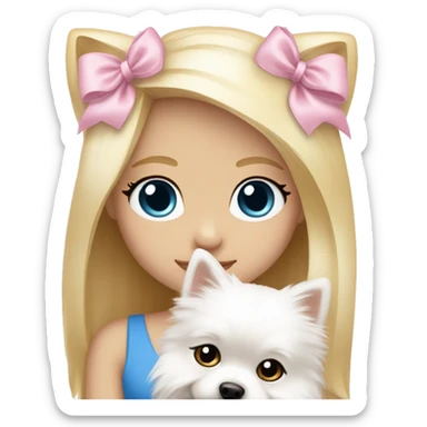 Blond girl white skin blue eyes hugging white Pomeranian with light pink bow sticker