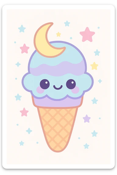 Add a cone with stars to the moonbeam ice cream, keep kawaii style, smiling face, stars, blue and purple hues, emphasizing cuteness and charm. sticker