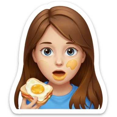 Girl with brown long hair and blue eyes eating egg sandwich. Messy egg all over face.  sticker