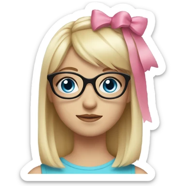 girl with blue eyes, black glasses, blonde hair with a fringe, pink top and pink bow in her hair sticker