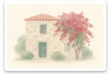 Bodrum villa with traditional stone walls, bougainvillea flowers, and a tiled roof, watercolor illustration style sticker