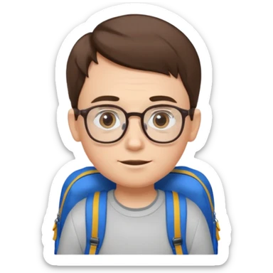 a boy with combover short brown hair and blue eyes, glasses, backpack sticker