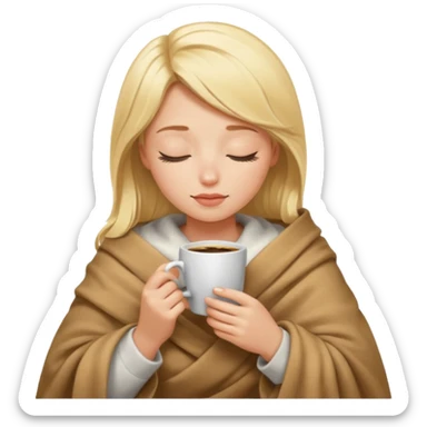 Blonde girl inside a blanket sipping coffee eyes closed sticker
