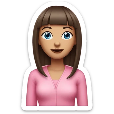 Brunette blue eyed girl with bangs pink outfit with a cbd blunt  sticker