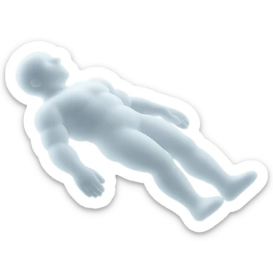 side view of unconscious person flying torso up, arms and legs down, made of very bright white convex clouds, matte glass style sticker