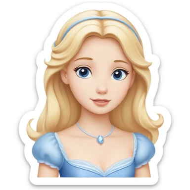 Cinematic Serene Cinderella Portrait Emoji, rendered in a realistic, vector-style with minimal shading. Depict a gentle Cinderella (chest and above) with porcelain skin, smooth blonde hair falling in soft waves, and calm, inviting eyes. Dressed in her modest daytime dress, she exudes quiet grace and pure enchantment, highlighted by a soft glowing outline. sticker