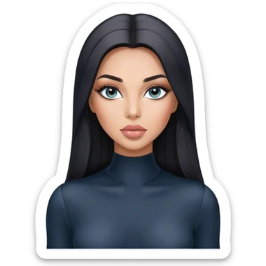 Glamours, tanned, very beautiful girl, with big pump peach-beige-rose lips, long long lashes, black straight smooth silky long hair, straight parting hair, blue-grey eyes in black long-sleeves bodysuit sticker