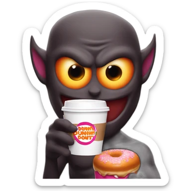 a demon holding a dunkin donuts coffee cup sticker