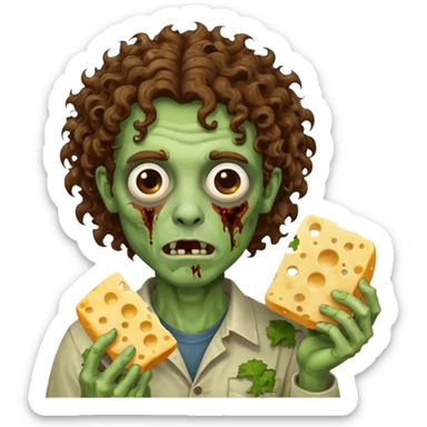 curly hair man zombie holding moldy cheese piece sticker