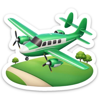 A 3D cartoon small twin-propeller airplane flying low over fields, gentle lighting, bright background, Memoji-style rendering. sticker