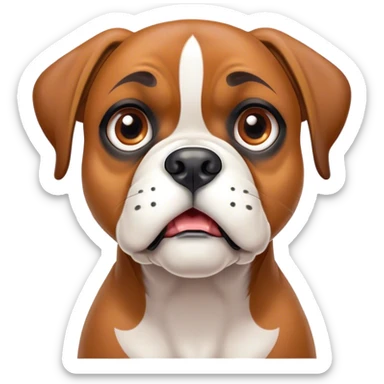 Cinematic Comical Fawn Boxer Dog Portrait Emoji, Head tilted dramatically with an exaggeratedly shocked or offended expression, featuring a sleek fawn coat with a distinctive white muzzle, wide, expressive brown eyes filled with exaggerated disbelief, Simplified yet hilariously expressive features, highly detailed, glowing with a slightly sassy glow, high shine, dramatic yet playful, stylized with an air of attitude, bright and endearing, soft glowing outline, capturing the essence of a sassy and over-the-top guardian, so meme-worthy it feels like it could side-eye its way into internet fame instantly! sticker