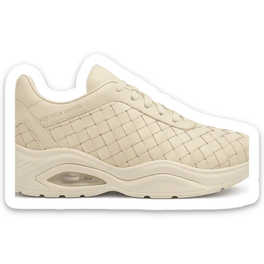 Bottega Veneta Orbit sneaker, close-up on woven leather, modern silhouette, premium craftsmanship sticker