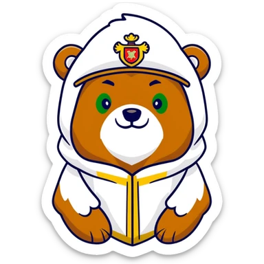 Cute grizzly bear face with green eyes, wearing a white fur hat with golden Russian coat of arms in the middle sticker