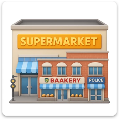Make the supermarket in the scene much larger and more visually distinct, with a clear supermarket sign above the entrance. Keep the bakery and police station visible. The style should resemble emoji style, focusing on concise and clear visual elements typical of apple style emojis. sticker