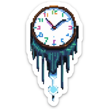 melting clock, surreal, inspired by Dali's Persistence of Memory, pixel art style sticker