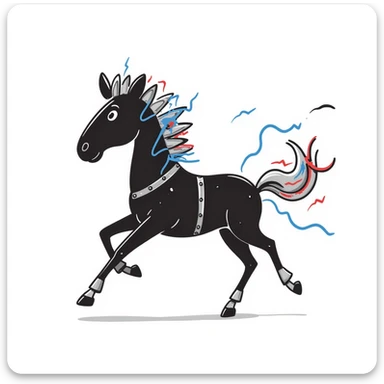 Fast running electric horse constructed from metal plates, bolts, blue and red wires, with electricity and lightning coursing through its body sticker