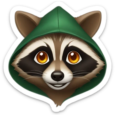 brown raccoon with orange eyes and a dark green hood that is smiling sticker