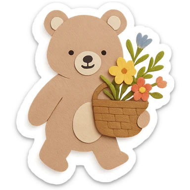 bear carrying a basket of wildflowers, soft pastel brown and cream, paper craft style sticker