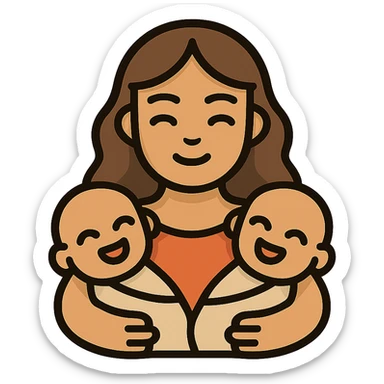 vector illustration of a mother like the reference, holding two smiling babies at her chest, expressive and detailed, smooth lines, soft shadows and highlights, complex shapes, light beige-brown palette, plasticity, clear facial features, atmosphere of coziness and love sticker