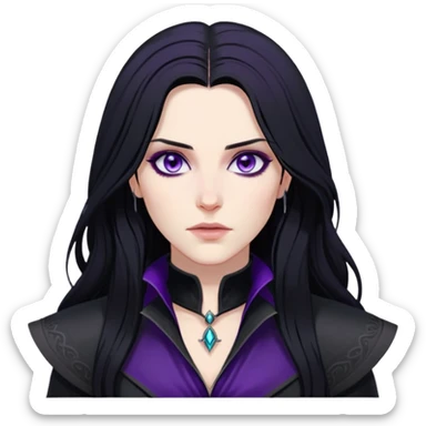 Yennefer from Witcher with long black hair, violet eyes, pale skin, wearing black clothes sticker