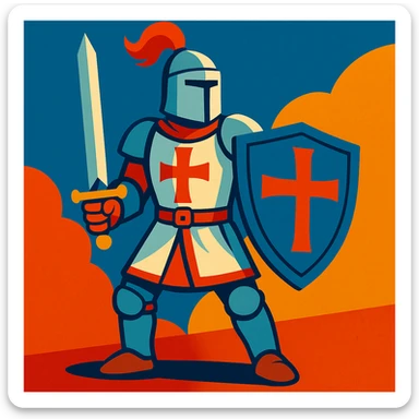 Christian knight in medieval armor, holding a sword and shield with a cross, vibrant toon style sticker