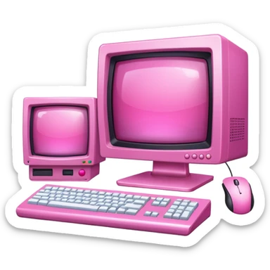 shiny pink transparent sparkly 90s computer with CRT monitor, keyboard, PC tower, mouse sticker