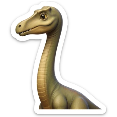 Cinematic Noble Brachiosaurus Portrait Emoji, Poised and majestic, with a towering, elongated neck stretching gracefully from a robust, column-like body, a small, gentle head with curious eyes, and subtle, textured skin in earthy tones, Simplified yet sharply defined features, highly detailed, glowing with a soft, golden radiance, high shine, intelligent and serene, stylized with an air of prehistoric grandeur, focused and calm, soft glowing outline, capturing the essence of a watchful and confident Brachiosaurus that appears ready to gracefully emerge from the screen with effortless power! sticker