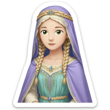 Joven de unos 30 años, de aspecto dulce y elegante.
Piel clara, ojos (pueden ser azules o verdes)
Rubio o castaño claro, largo, con trenzas o velo.
Vestido largo de tonos suaves (blanco, azul o lavanda), con bordados dorados; un manto o toca fina cubriendo la cabeza. Que se vea todo el cuerpo sticker