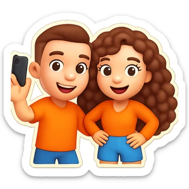 3D cartoon male and female characters with white skin and brown hair; male with short fade haircut, female with long natural curls, posing together for a playful selfie in a Bitmoji-like style, suitable for emoji use, transparent background. sticker