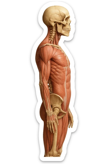 CORPO UMANO ANATOMICO REALISTICO DI PROFILO CON CURVA LOMBARE PIATTA, iperrealistico 4k sticker