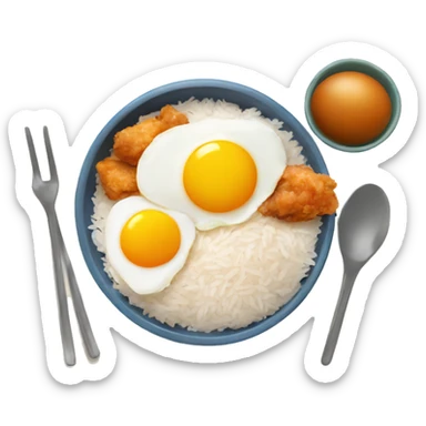 a bowl of rice with two eggs and chicken thigh sticker