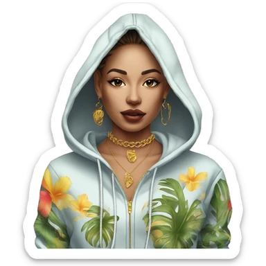 Trendy lady tropical baroque hoodie with tattoos and gold chain sticker