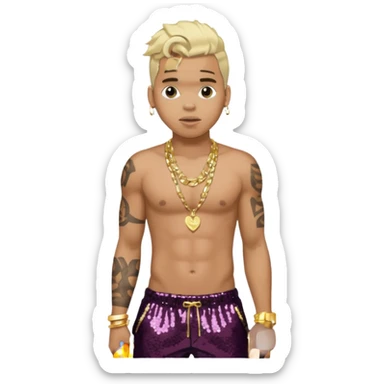 Chris Brown with blonde hair, dark brown sequin baggy pants, shirtless with necklace sticker